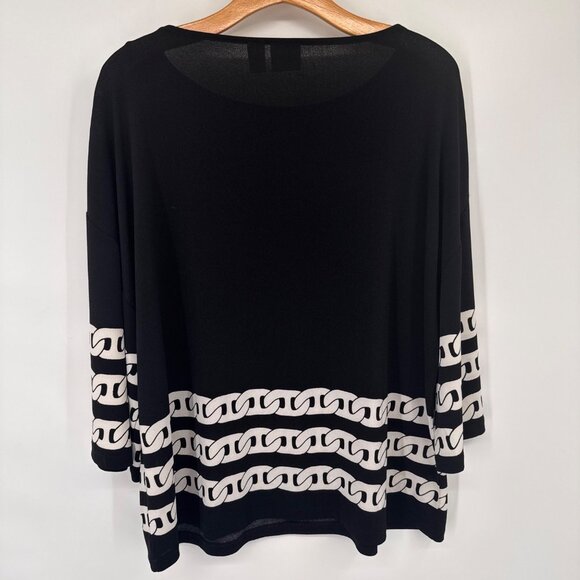Chicos 2 Black knit Top  Gold Button Accents  Chain Print Hem Womens size Large - Picture 11 of 11